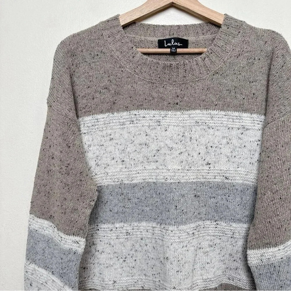Lulus Womens  M Snuggle Season Grey Multi Striped Balloon Sleeve Sweater - Picture 7 of 13